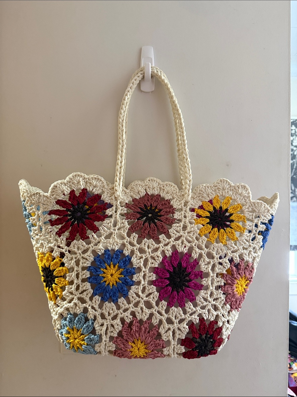 POL Crochet Cream Tote with Multicolor Floral Squares 18x6x11 deep